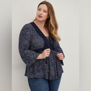 Torrid Lace-Up Babydoll Top Crinkle Gauze Animal Navy women’s Plus Size 2X